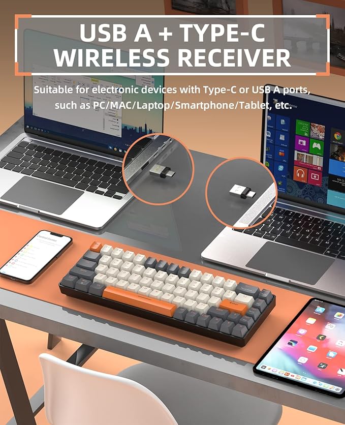 ZIYOU LANG RK68 60% Wireless Mechanical Keyboard Bluetooth 5.0/2.4Ghz Dual Mode 2-in-1 USB-C Receiver Mini Mechanical Keyboard Hot Swappable Red Switch Gaming Keyboard for PC/MAC/Laptops
