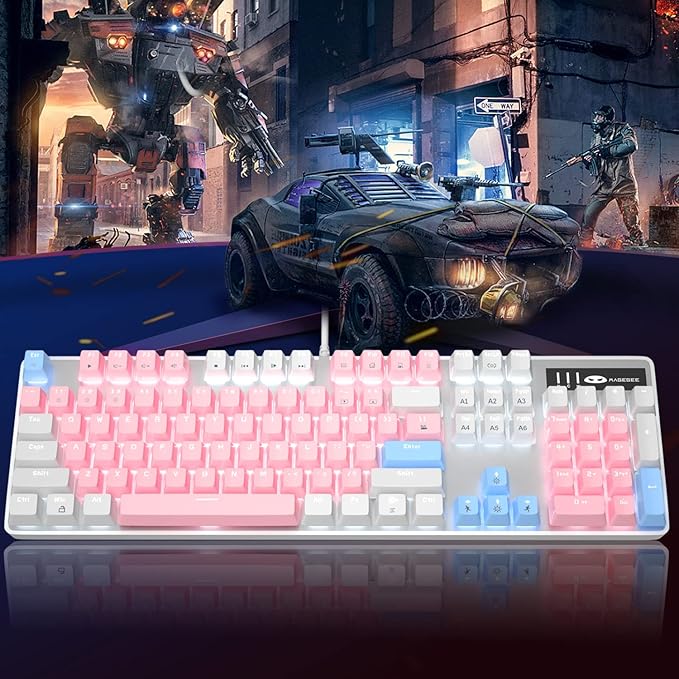 MageGee Mechanical Gaming Keyboard New Upgraded Blue Switch 104 Keys White Backlit Keyboards USB Wired Mechanical Computer Keyboard for Laptop Desktop PC Gamers(White &amp Pink)