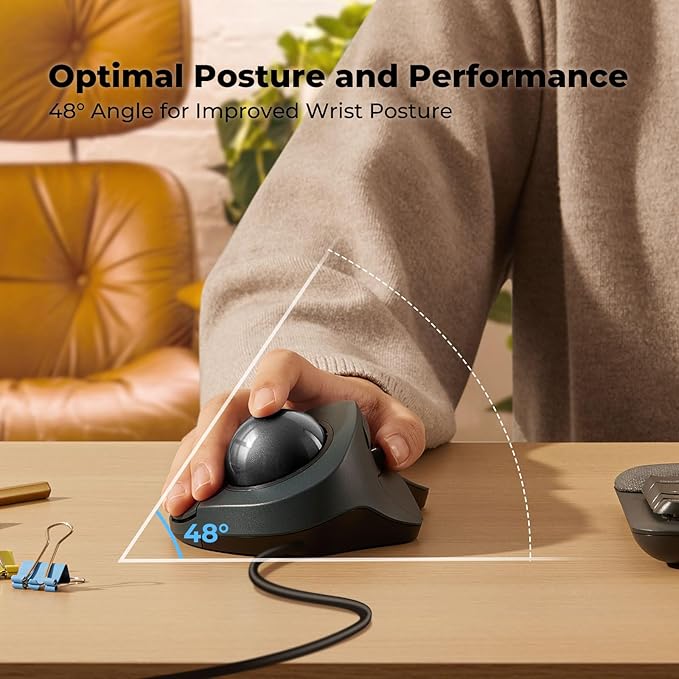 Wired Trackball Mouse for Large Hands Ergonomic Design Reduces Wrist &amp Muscle Strain Precision Tracking with Easy Index Finger Control Compatible with PC Laptop Windows Mac Black