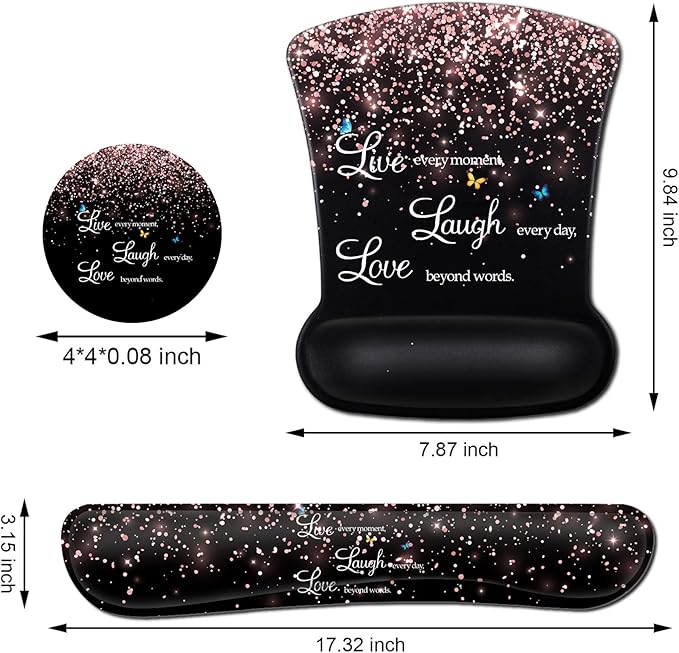 Office Mousepad with Gel Wrist Support - Ergonomic Gaming Desktop Mouse Pad and Memory Foam Keyboard Wrist Rest Set for Office Typing Games Desktop Decoration Rose Gold Glitter and Black Mouse Pad