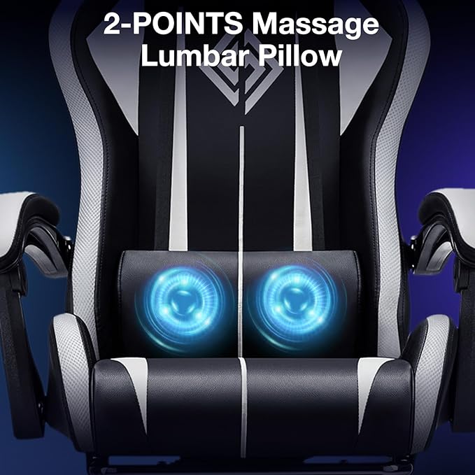 Gaming Chair with Speakers and Lights Ergonomic Computer Gaming Chair with Footrest LED RGB Lights Massage High Back Music Video Game Chair with Lumbar Support White and Black