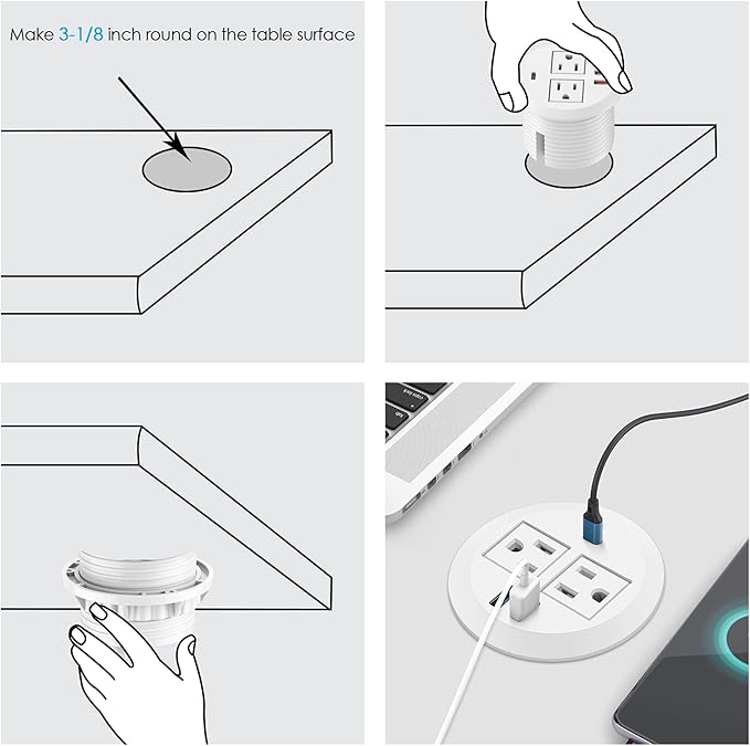 3-inch Desktop Power GrommetMax 65W USB C Charger2 Outlets and 3 USB High-Speed Charging Station Flush Mount Desk Hole Round Power Outlet Recessed Power Strip6ft Cord Flat Plug