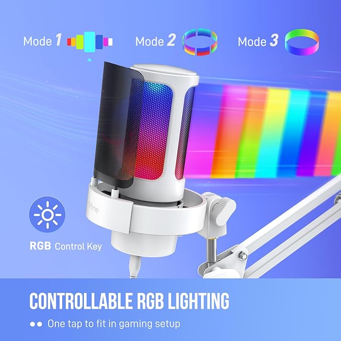 FIFINE Gaming PC USB Microphone Kit Condenser RGB Mic with Metal Boom Arm Mute Gain Knob Headphones Monitoring Streaming Microphone Bundle for PS4/PS5 YouTube Discord Twitch-A8T White