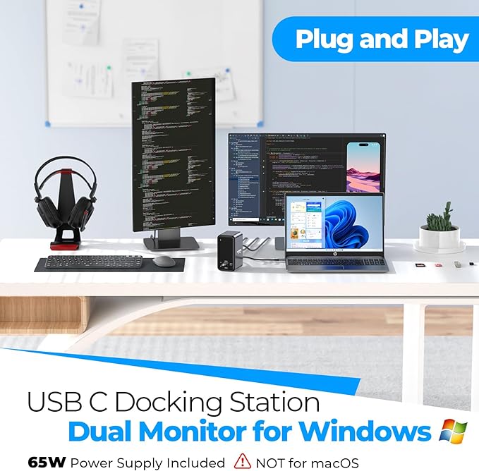 4URPC USB C Docking Station Dual Monitor Dual HDMI USB C Dock Laptop Docking Station with 2 HDMI Ports VGA 7 USB 65W Power Adapter Ethernet SD/TF Audio/Mic for Windows and ChromeOS