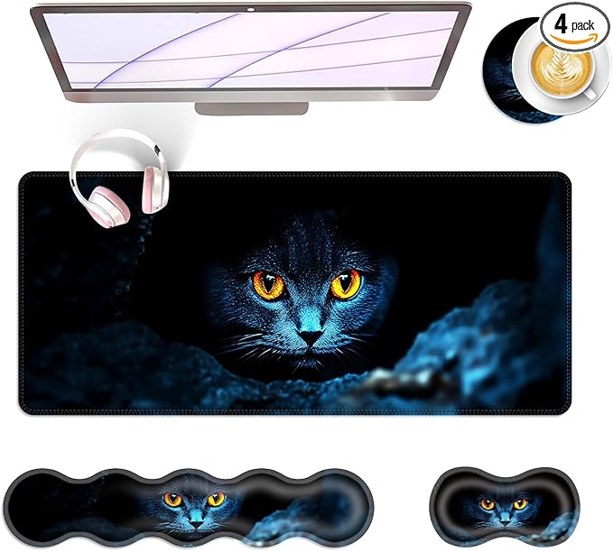 Large Keyboard Mouse Pad Set Extended Mouse Pad+Keyboard Wrist Rest Support Memory Foam Ergonomic Easy Typing 4Pcs (31.5×11.8 in) Desk Pad Set for Office HomeBlack Cat with Glowing Eyes