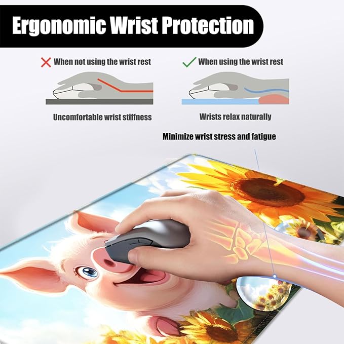 Mouse PadLarge Desk Mat Set 4in1 XL Mousepad + Keyboard Wrist Rest+Mouse Wrist Rest+Coaster with Ergonomic Desk Pad for Home Office Table Computer Cover -Pig in Sunflower Field