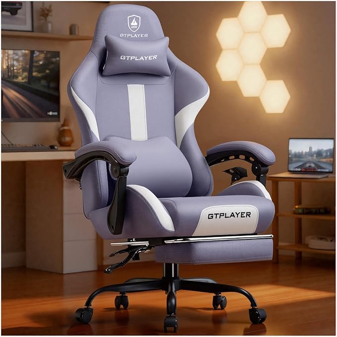 GTPLAYER Gaming Chair with Foot Rest &amp Pocket Spring Cushion Ergonomic High Back Computer Desk Chair with Headrest &amp Lumbar Support for Back Pain Relief Breathable Fabric Purple