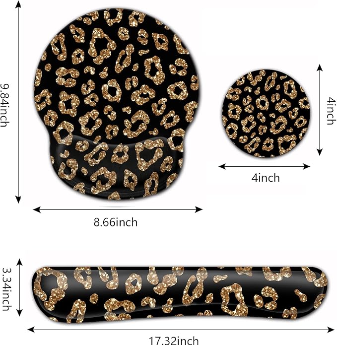 Ergonomic Mouse Pad Gel Wrist Support and Memory Foam Keyboard Wrist Rest Set for Gaming Computer Office Laptop Easy Typing Wireless Mouse Mat Gold Glitter Leopard Black Office Desk Pad