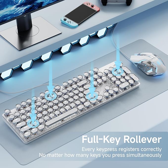 EWEADN TK100 Wired Typewriter Mechanical Keyboard and Mouse 104 Keys Aesthetic Typewriter Keyboard Mouse Combo with White Backlit Anti-Ghosting Black Switch Cute Keyboards-White