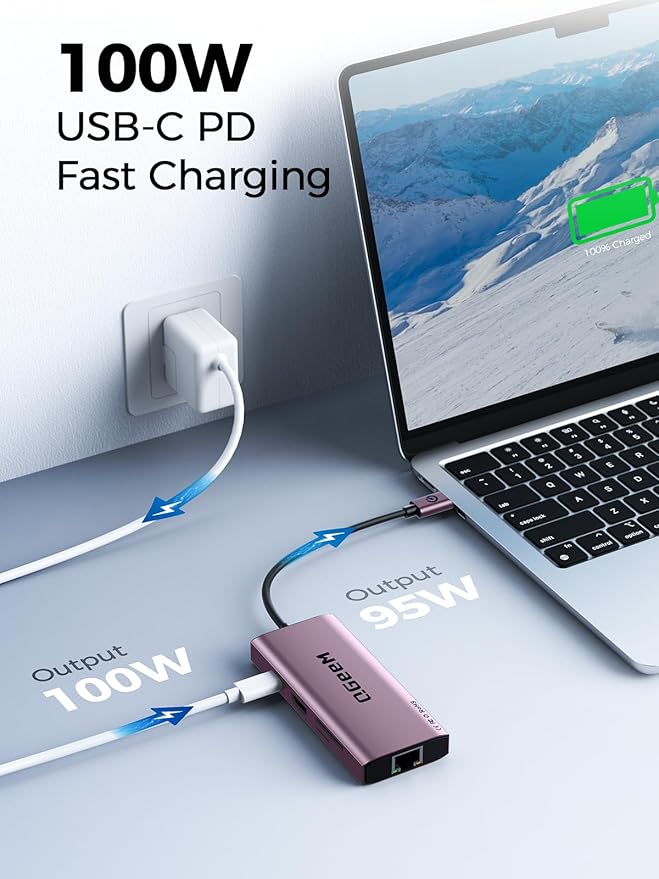 QGeeM USB C Hub Ethernet9 in 1 USB Type C Hub HDMI Multi-Port Converter Adapter100W Pd USB 3.0SD/TF Card ReaderCompatible for MacBook Pro Air Ipad HP Dell Lenovo Chromebook etc.-Violet