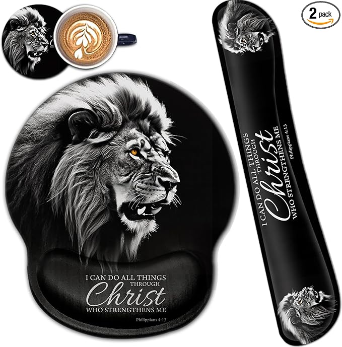 Ergonomic Mouse Pad Gel Wrist Support and Memory Foam Keyboard Wrist Rest Set for Gaming Computer Office Laptop Easy Typing Wireless Mouse Mat Fierce Lions Philippians 4:13 Verse Black Desk Pad