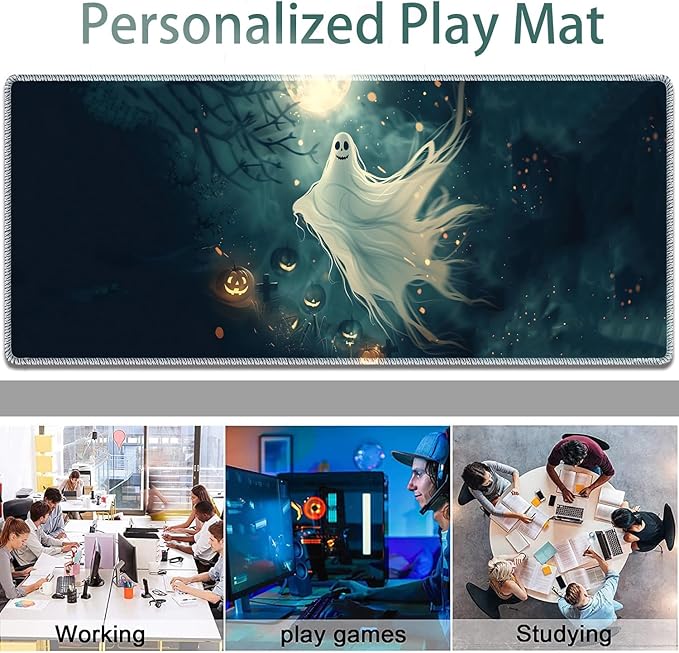 Large Gaming Mouse Pad + Keyboard Wrist Rest + Wrist Support + Coaster Set Memory Foam Ergonomic for Easy Typing XXL Extended Gaming Mouse Pad Table Pad - Halloween Ghost