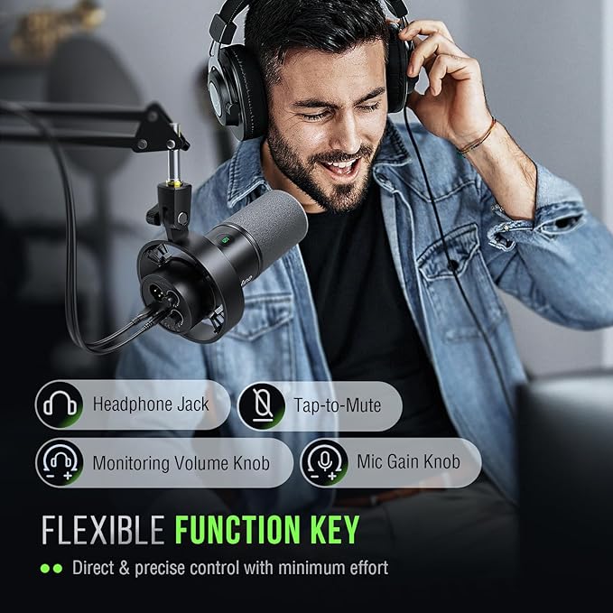 FIFINE K688 Podcast Microphone Kit USB/XLR Dynamic Microphone with Boom Arm for PC/XLR Mixer Gaming Mic with Mute Button Headphone Jack for Vocal Voice-Over Streaming Music Recording -K688CT