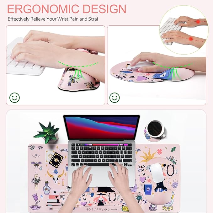 Petmolico Mouse Pad Set with Computer Keyboard Desk PadMouse Pad with Wrist RestTyping Wrist Pad and Cup CoastersErgonomic Design for Typing Pain Relief [PinkHalloween]