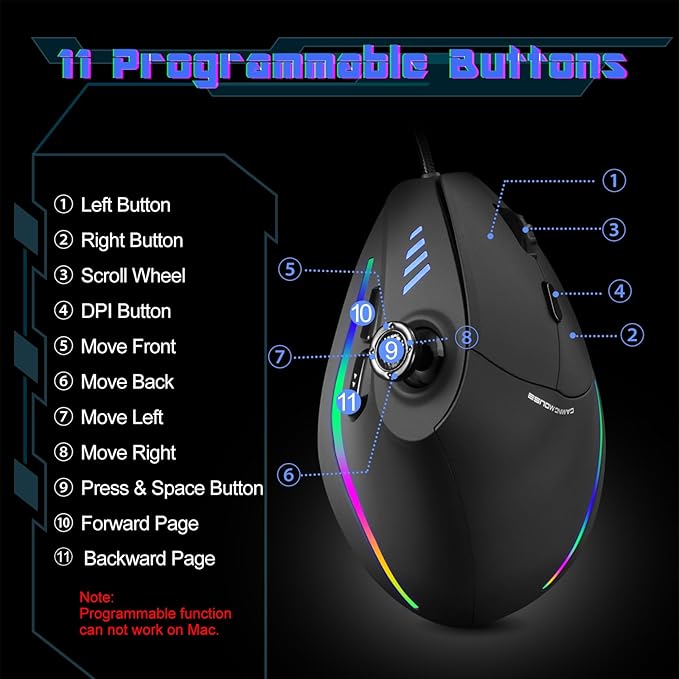 TRELC Gaming Mouse with 5 D Rocker Ergonomic Mouse with 10000 DPI/11 Programmable Buttons Vertical Gaming Mice Wired for PC/Laptop/E-Sports/Gamer (Black)