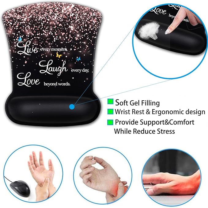Office Mousepad with Gel Wrist Support - Ergonomic Gaming Desktop Mouse Pad and Memory Foam Keyboard Wrist Rest Set for Office Typing Games Desktop Decoration Rose Gold Glitter and Black Mouse Pad