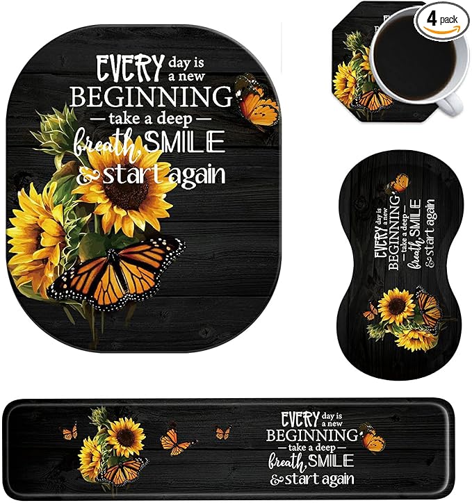 Sunflower Keyboard Wrist Rest Pad + Small Mouse Pad + Wrist Rest Pad + Cup Coaster Set Inspirational Quotes Ergonomic Wrist Rest Support Gel Pad Pain Relief Memory Foam Set for Gaming Office