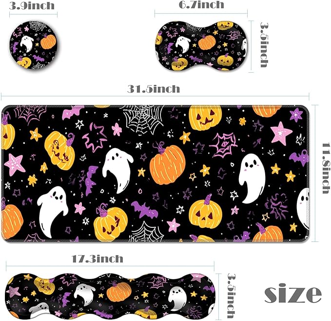 Ergonomic Keyboard Wrist Rest &amp Mouse Pad Wrist Rest SetXL Gaming Desk Mat 31.5x 11.8Non-Slip BaseMemory FoamEasy Typing Pain Relief for Office &amp HomeCute Ghost Pumpkin