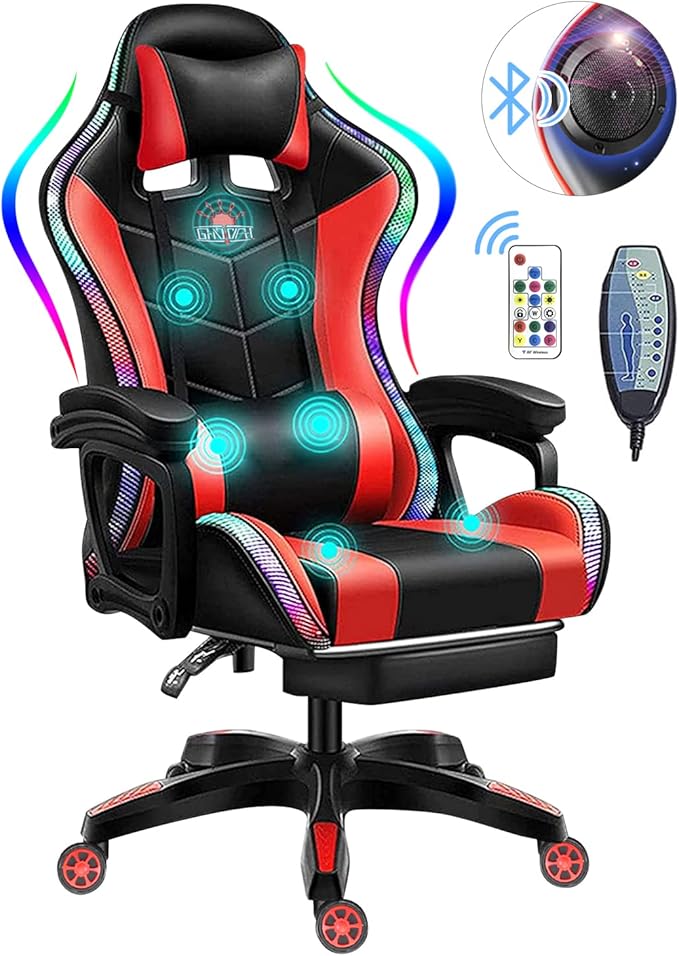 Massage Video Gaming Recliner - Gaming Chair with RGB LED Lights - Ergonomic Office Computer Desk Chair with Foot Rest - High Back PU Leather - Adjustable Reclining Office Swivel ChairRed