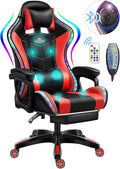 Massage Video Gaming Recliner - Gaming Chair with RGB LED Lights - Ergonomic Office Computer Desk Chair with Foot Rest - High Back PU Leather - Adjustable Reclining Office Swivel ChairRed