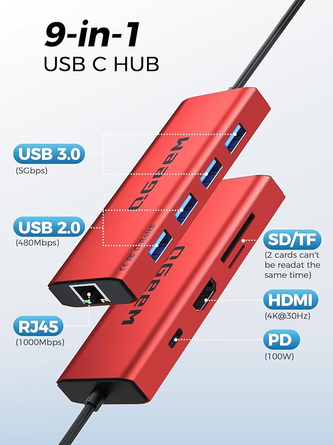 QGeeM USB C Hub Ethernet9 in 1 USB Type C Hub HDMI Multi-Port Converter Adapter100W Pd USB 3.0SD/TF Card ReaderCompatible for MacBook Pro Air Ipad HP Dell Lenovo Chromebook etc.-Red