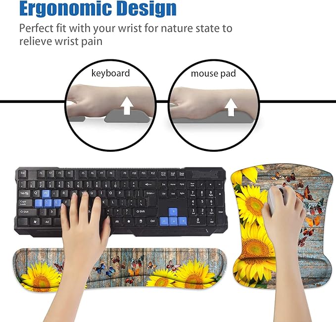 Keyboard Wrist Rest and Mouse Pad Wrist Support Set with Coasters Non-Slip PU Base Ergonomic Gaming Mousepad for Computer Laptop Home Office Easy Typing &amp Pain Relief - Sunflower and Butterfly