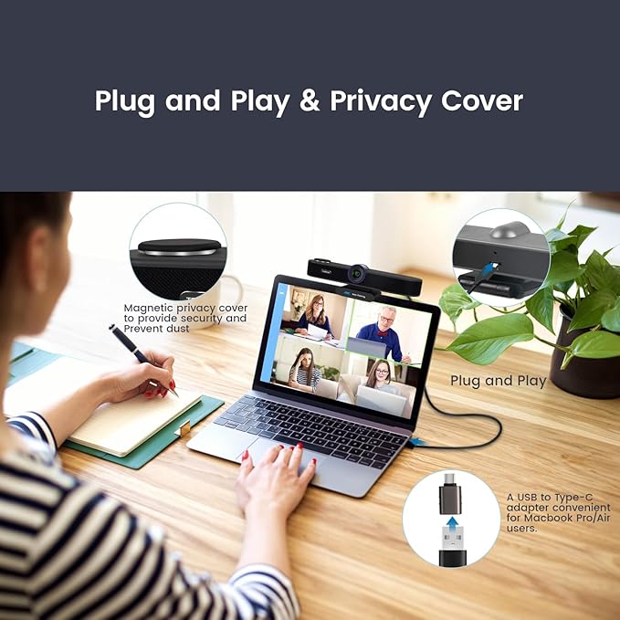TONGVEO 3-in-1 4K Webcam with Microphones and Speaker AI Auto-Tracking 5X Digital Zoom Webcam 4K Adjustable Field of View Remote Control Works with Microsoft Teams Zoom Google Meet PC Mac Laptop