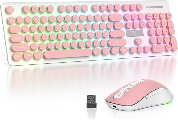 Backlit Pink Keyboard and Mouse Wireless 2.4GHz Light Up Typewriter Rechargeable Quiet Keyboard Cordless with USB Receiver for PC/Laptop(Pink)