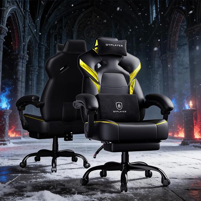 GTPLAYER Big and Tall Gaming Chair for Adults Ergonomic Office Chair with Footrest Heavy Duty 350 lbs Capacity High Back Premium Leather &amp Iridescent Trim ACE-Armor Black &amp Yellow