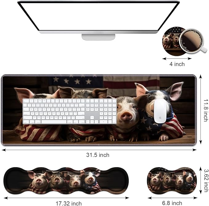 Ergonomic Keyboard Wrist Rest &amp Mouse Pad Wrist Rest Set Large XXL Gaming Desk Mat 31.5x 11.8 with Memory Foam Easy Typing Pain Relief for Office &amp Home Funny Piggy Wrapped in American Fl