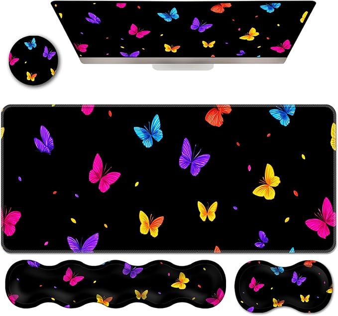 Ergonomic Keyboard Wrist Rest &amp Mouse Pad Wrist Rest SetXL Gaming Desk Mat 31.5x 11.8Non-Slip BaseMemory FoamEasy Typing Pain Relief for Office &amp HomeButterflies