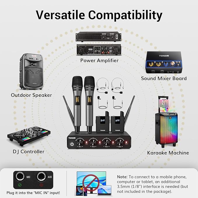 TONOR Wireless Microphone System 4 * 10-Channel UHF Cordless Handheld Mic Set with Headset/Lavalier Lapel Mics Bodypack Transmitter Receiver 60 m/200ft Range for Karaoke Singing Church PA Speaker