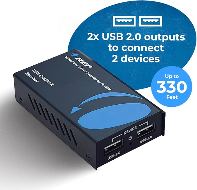 OREI USB 2.0 Over Ethernet Cat5e/6 Extender LAN Upto 330 Feet - Extends 2 Ports USB-A Signal Over LAN Ethernet - Power Over Cable for Long Distance Extension Supports All Operating System
