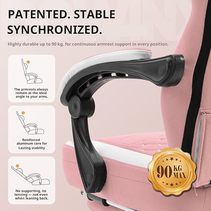 Dowinx Gaming Chair Breathable Fabric Game Chair with Gel Pad and Storage Bag Comfortable Gamer Chair with Pocket Spring CushionErgonomic Computer Chair with FootrestPink