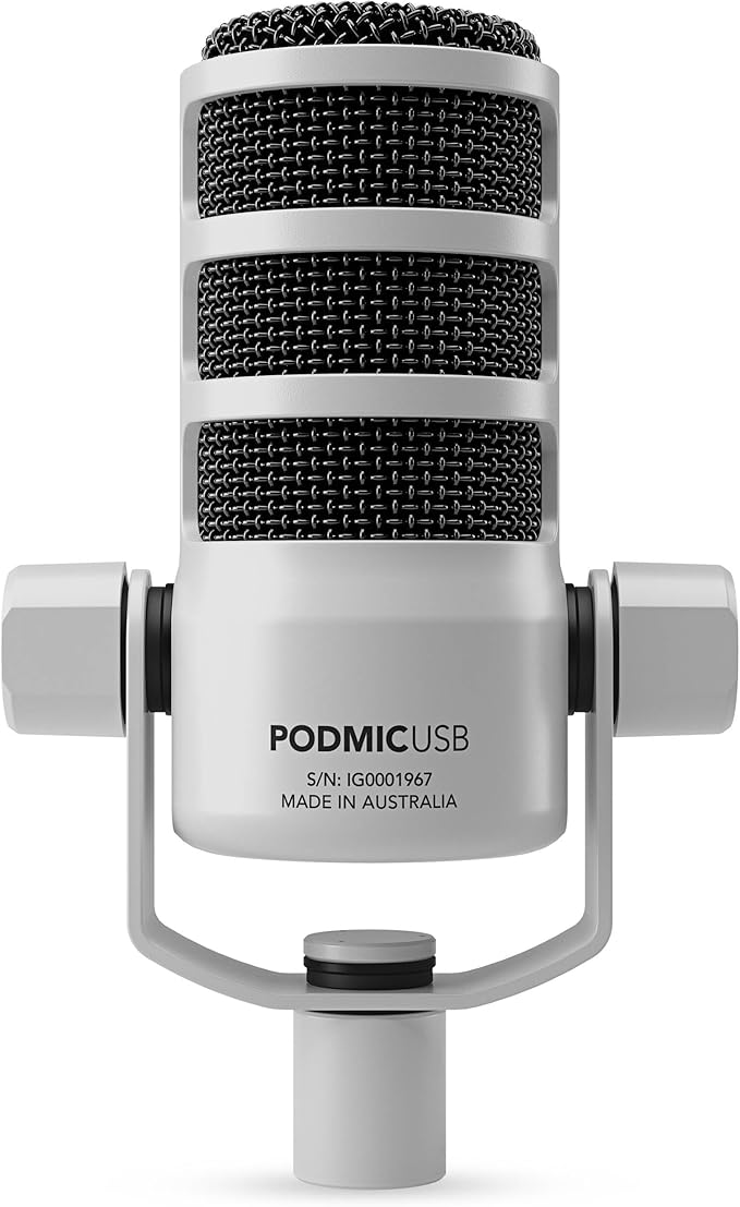 Rode PodMic USB Dynamic Broadcast Microphone (White) with On-Stage Stands MS7701B Tripod Mic Stand and XLR Cable
