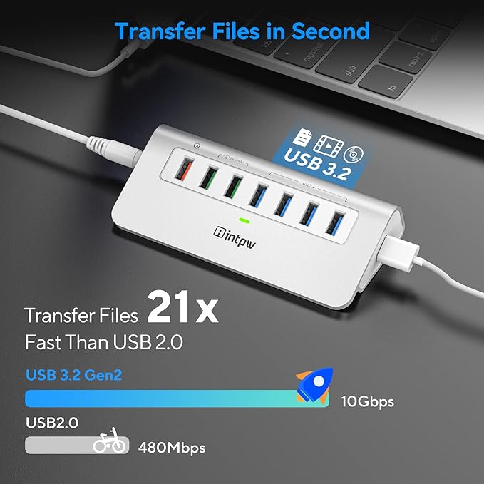 Powered USB Hub 10Gbps 7 Port USB 3.2 Gen 2 Hub with 4 USB 3.2 Data Ports 3 Fast Charging Ports 36W Power Adapter Type A and Type C Cable Aluminum USB Data Hub for Mac PC Laptop