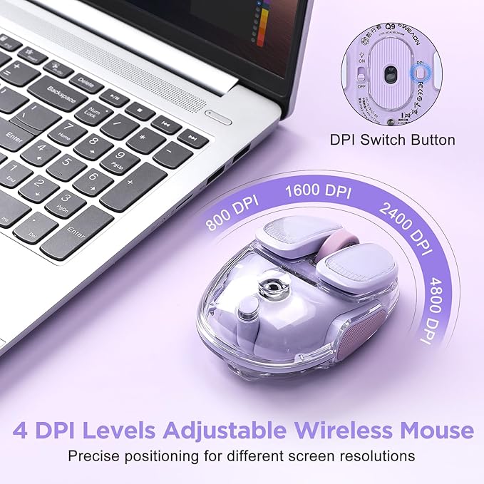 Q9 Chargeable Portable Silent 2.4GHz/Bluetooth Dual Mode Wireless Mouse 4 Adjustable DPI4800 DPI Optical Tracking Mouse with RGB Lighting Compatible Win/Mac/Android/iOS(Purple)