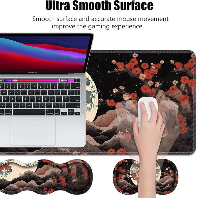 4 in 1 Ergonomic Memory Foam Mouse Pad Wrist Rest Set Large XXL Gaming Desk Pad + Keyboard Wrist Rest + Mouse Wrist Cushion + Coaster for Home Office Study Gaming Moon Peak Flowers