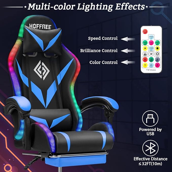 RGB Gaming Chair with Massage and LED Lights Ergonomic Video Game Chairs with Footrest High Back Reclining Computer Chair with Adjustable Lumbar Support Blue and Black