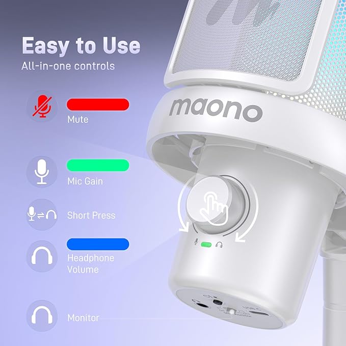 MAONO Wireless Gaming Microphone USB Condenser Mic with Software Noise Cancellation AI Voice Changer RGB Lights Mute Gain for Streaming Recording Podcast Computer PC Laptop DM40 White