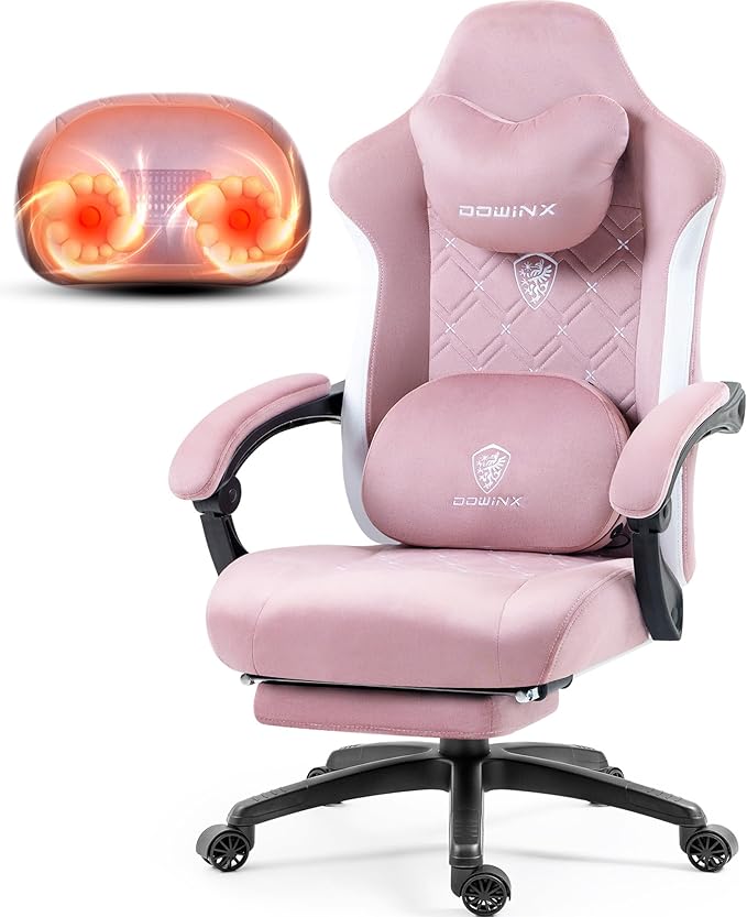 Dowinx Fabric Gaming Chair with Heated Massage Lumbar Support Computer Game Chairs for Adults Big Tall Gamer Chair with Pocket Spring Cushion and Footrest Recliner Gaming Chairs for AdultPink