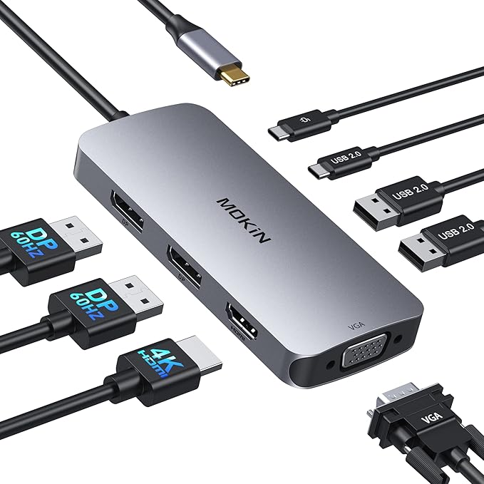 USB C Docking Station Dual DisplayPort 8 in 1 USB Hub with 2 DP HDMI VGA USB C 2.0 A 2.0 PD Charging Port Multi Monitor Adapter for Dell/HP/Lenovo Laptops