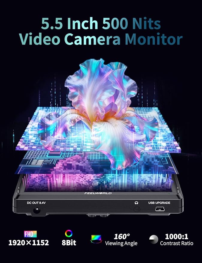 FEELWORLD S55E 5.5 inch DSLR Field Monitor 3D LUT Compact Full HD 1920x1152 IPS Video Assist Peaking Focus with 4K60Hz HDMI 8.4V DC Inputs/Outputs Includes F550 4400mAh BatteryTilt ArmSunshade