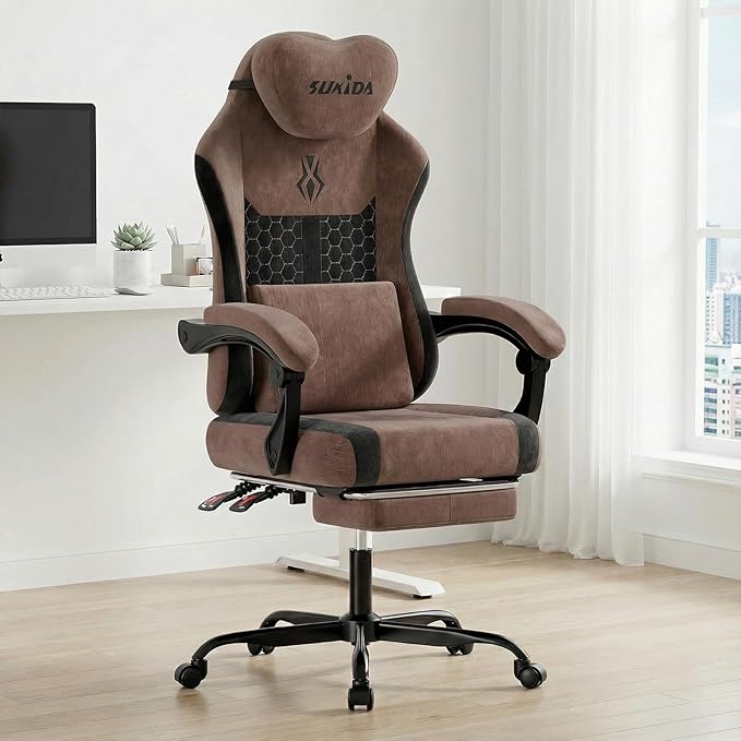 SUKIDA Ergonomic Gaming Chair — Premium Computer Video Gaming Chair with Massage Lumbar Support Adjustable Headrest &amp Footrest Plush Chenille Fabric for Office and Home UseBrown