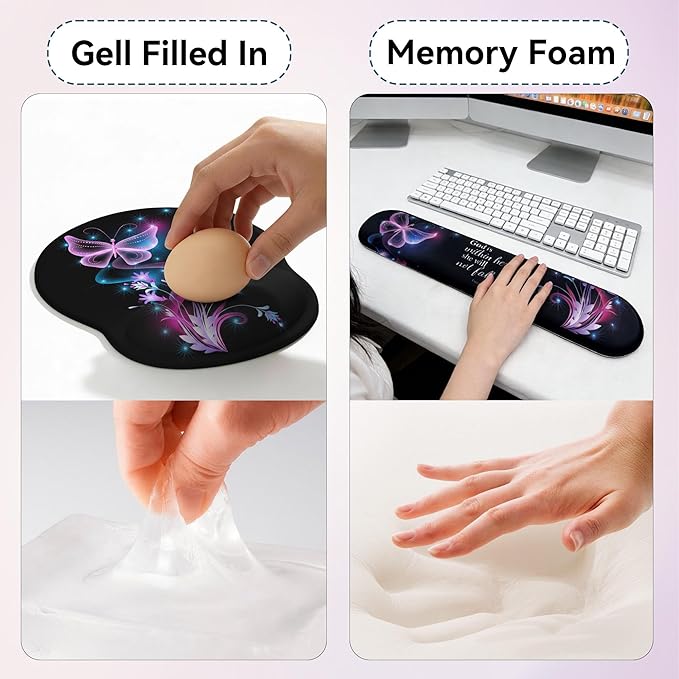 Desk Mat Set + Keyboard and Mouse Pad with Wrist Rest Support4-in-1 Large Mousepad Computer Mats for Desktop Home &amp Office-Purple Butterflies
