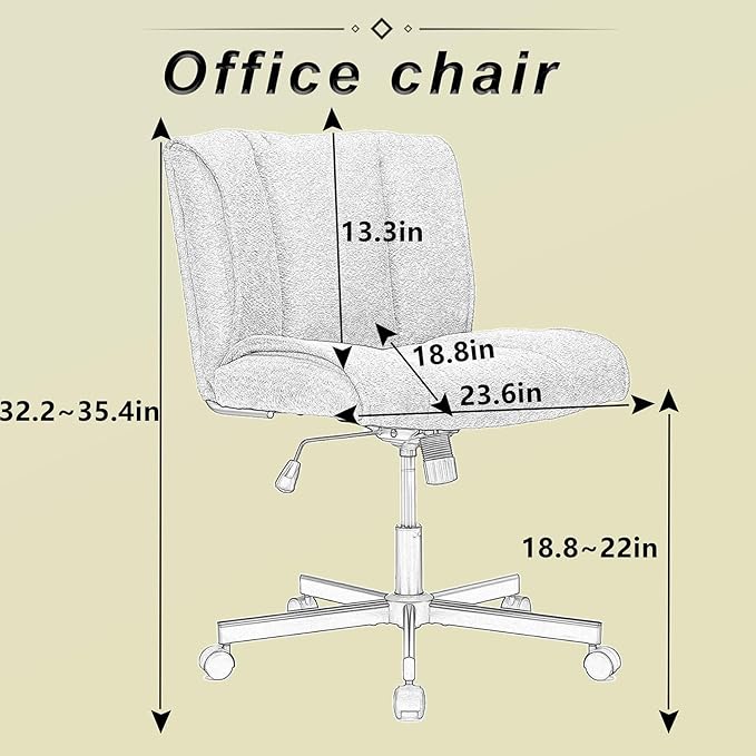 Armless Office Desk Chair with Wheels Cross Legged Wide ChairComfortable Adjustable Swivel Computer Task Chairs for Home OfficeMake Up Small Space Bed Room Load 250 LBS Easy Assembly Whtie