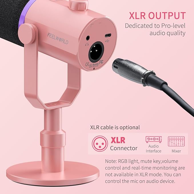 FEELWORLD PM1 XLR USB Dynamic Microphone with Desktop Stand Gifts for Podcast Recording PC Computer Gaming Streaming Vocal Voice-Over Studio Metal Mic RGB Light Mute Button Headphones Jack (Pink)