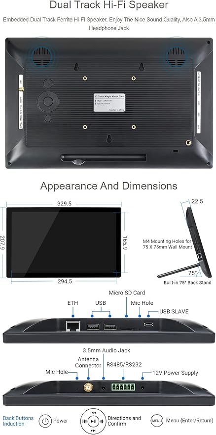 Waveshare 13.3inch Magic Mirror Mini-Computer Powered by Raspberry Pi CM4 13.3inch HD Touch Screen with USB/ETH Ports NOT Include CM4