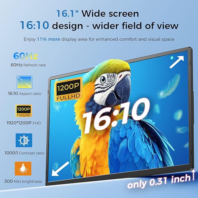 Laptop Screen Extender 16.1 1200P FHD Portable Monitor 360° Rotating Detachable Stand Height Adjustable Monitor Extender for Laptop 13-17.5 Plug-Play for Tablet PC Phone etc