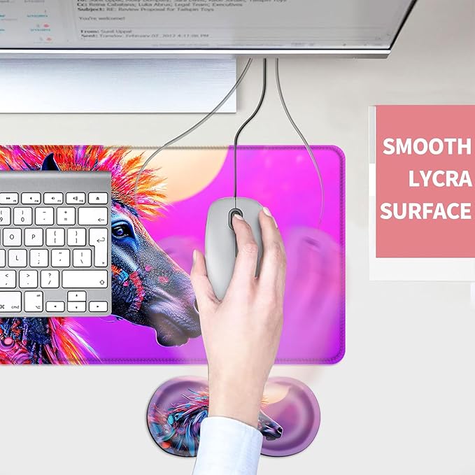 Mouse PadLarge Desk Mat Set 4in1 XL Mousepad + Keyboard Wrist Rest+Mouse Wrist Rest+Coaster with Ergonomic Desk Pad for Home Office Table Computer Cover -Colorful Horse